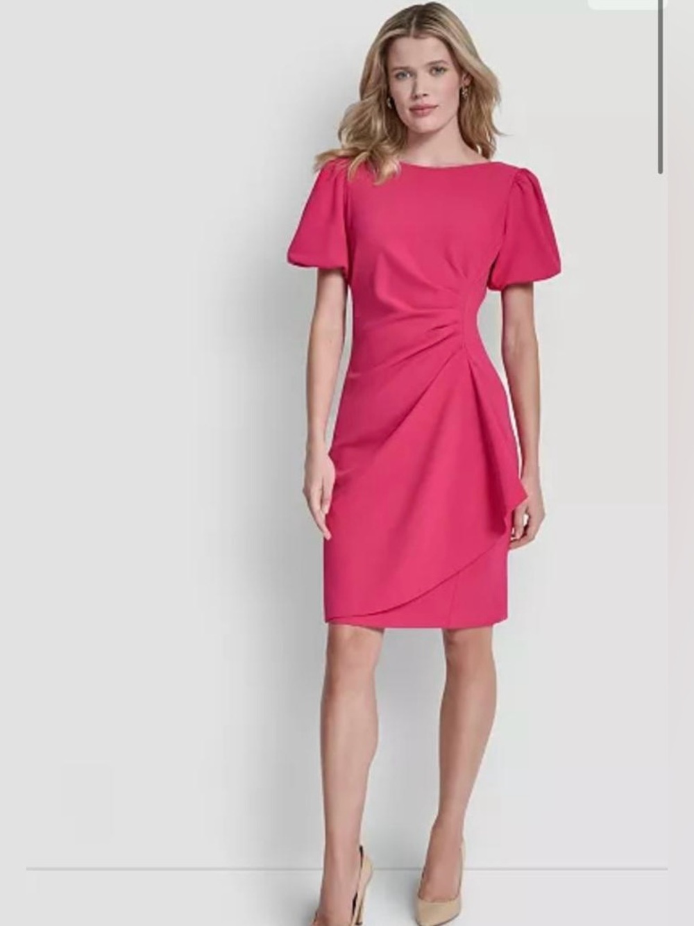 DKNY Hot Pink Puff-Sleeve Mini Dress with Side Drape
